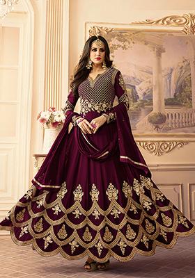 Wine Embroidered Georgette Kurta Set