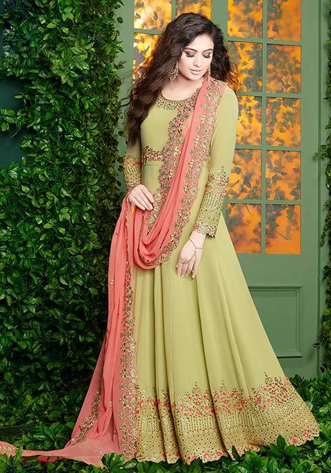 Green Embroidered Georgette Kurta Set