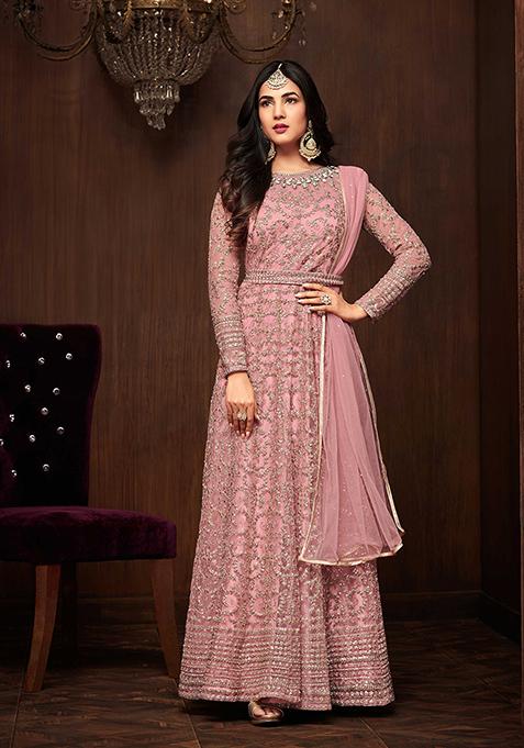 Pink Embroidered Net Kurta Set