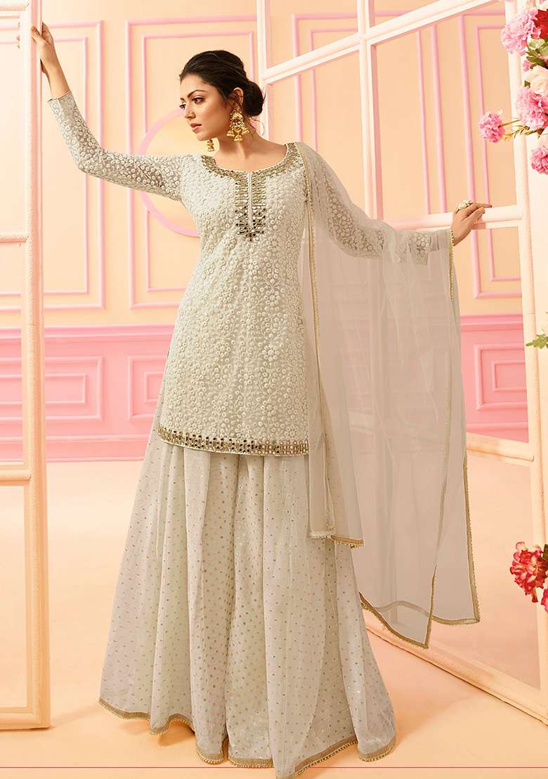 Off White Embroidered Net Kurta Set - Indya