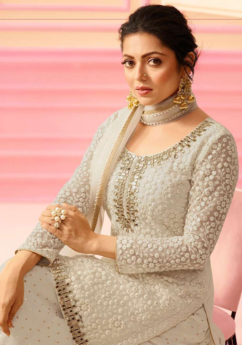 Off White Embroidered Net Kurta Set - Indya