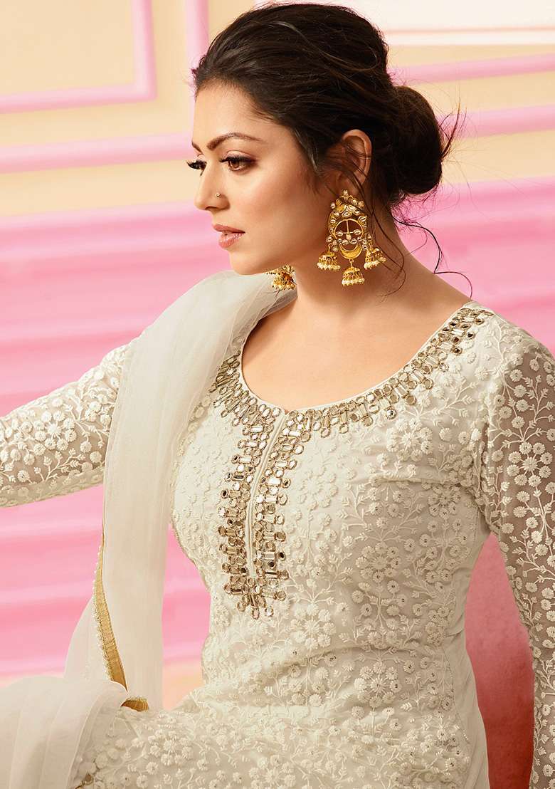 Off White Embroidered Net Kurta Set - Indya