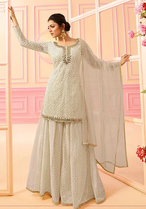 Off White Embroidered Net Kurta Set