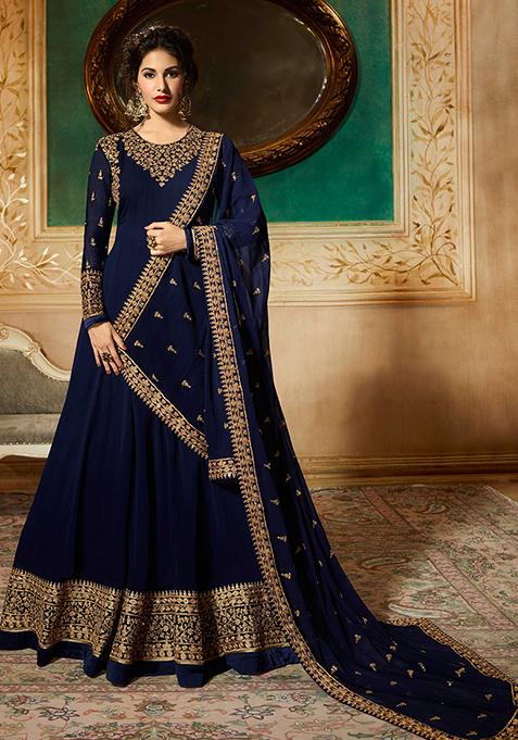 Blue Embroidered Georgette Kurta Set