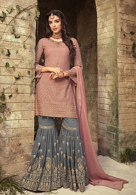 Rose Gold Embroidered Georgette Kurta Set