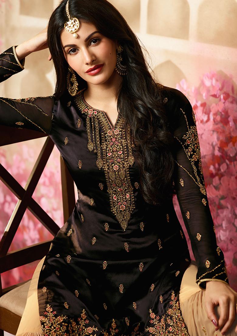 Black Embroidered Georgette Kurta Set - Indya