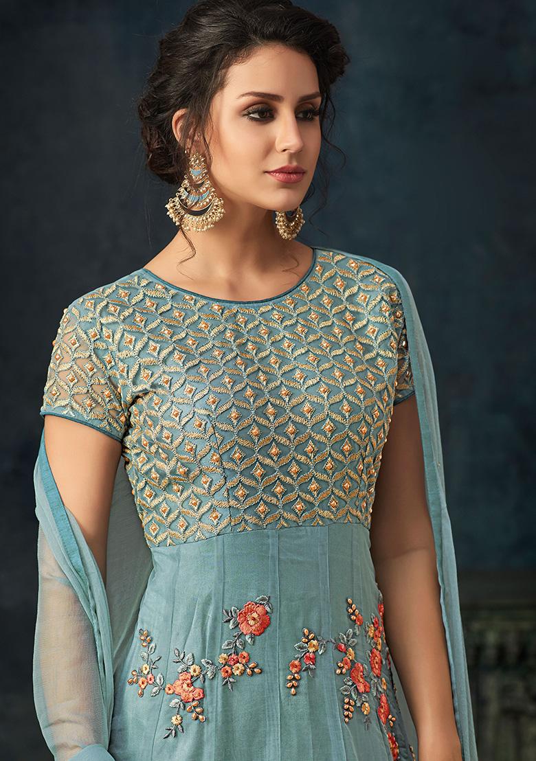 Blue Embroidered Net Kurta Set - Indya
