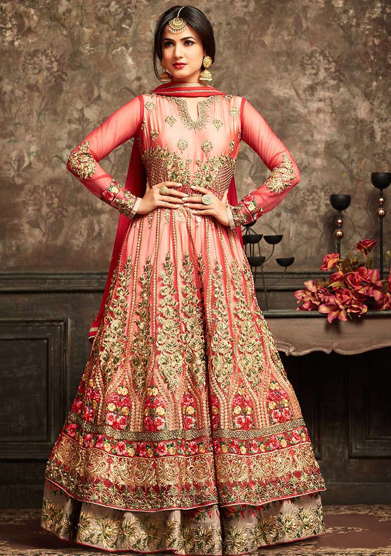 Red Embroidered Net Kurta Set - Indya