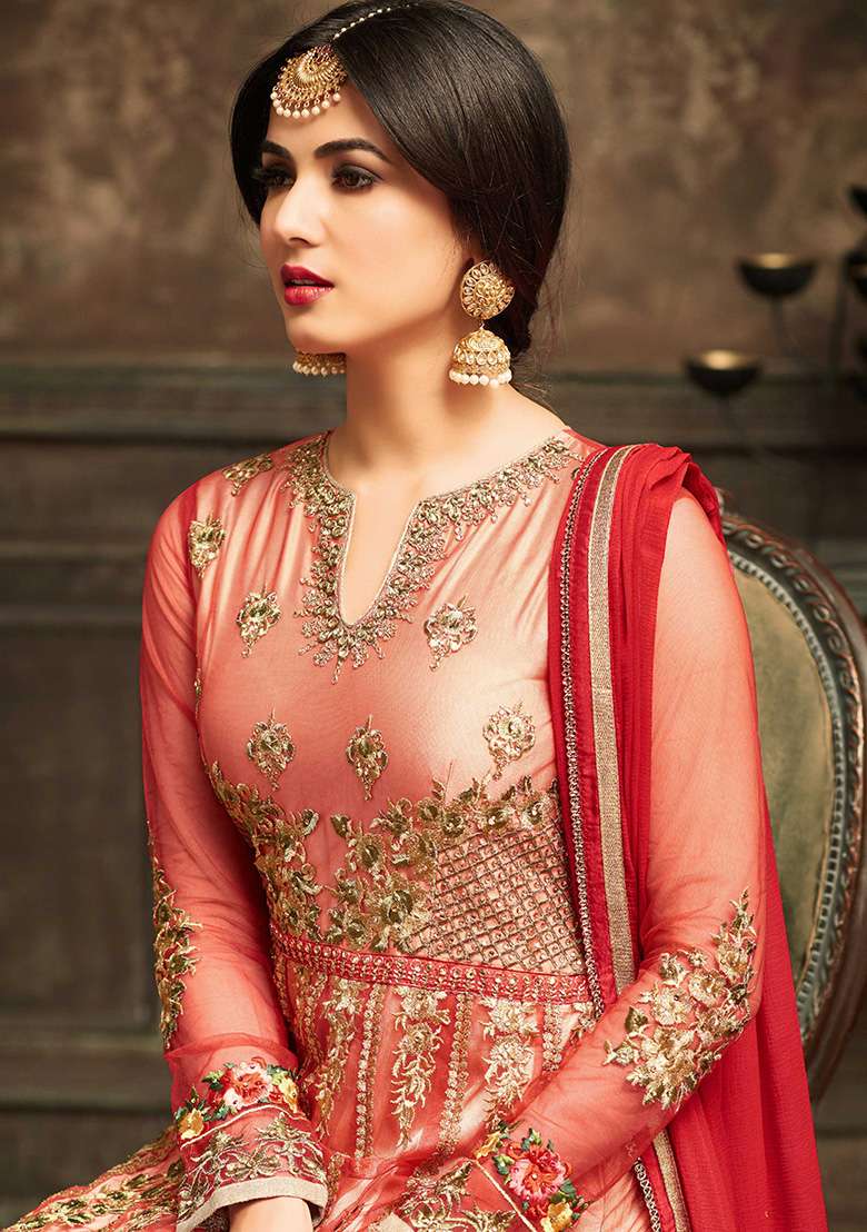 Red Embroidered Net Kurta Set - Indya