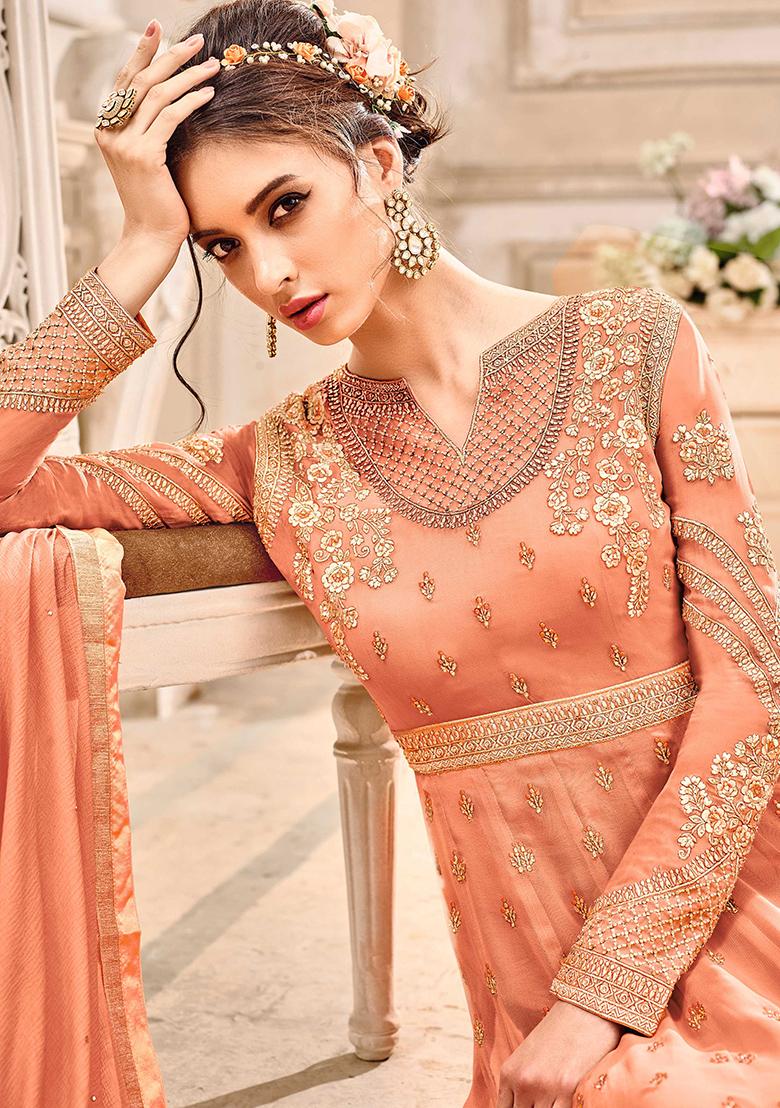 Peach Embroidered Georgette Kurta Set