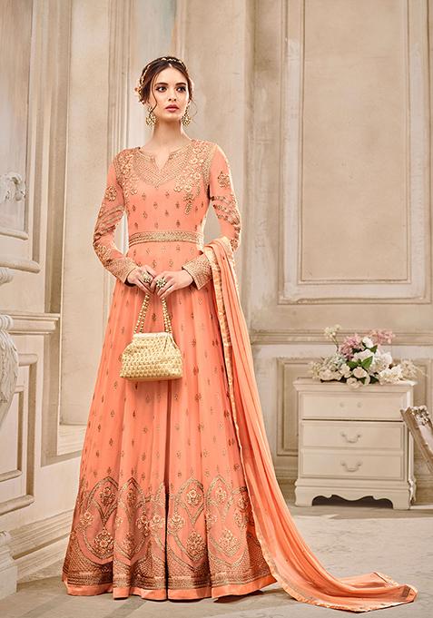 Peach Embroidered Georgette Kurta Set