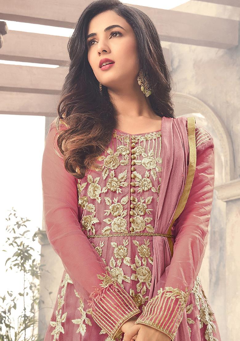 Pink Embroidered Net Kurta Set