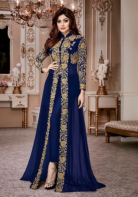 Blue Embroidered Georgette Kurta Set