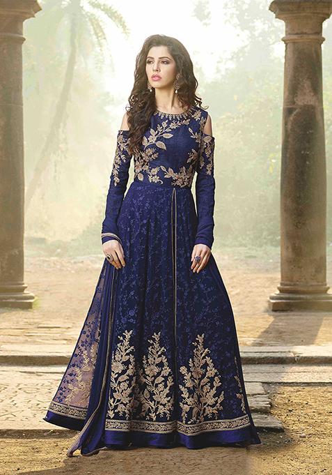 Blue Embroidered Georgette Kurta Set