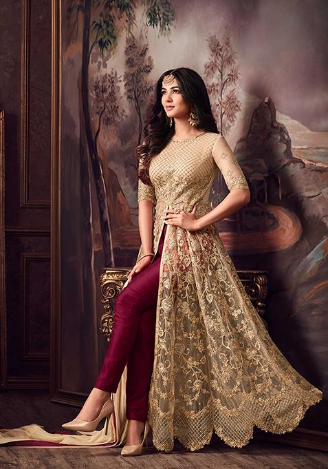 Beige Embroidered Net Kurta Set