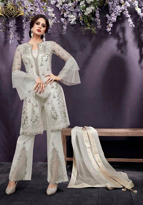 Dusty Cream Embroidered Georgette Kurta Set