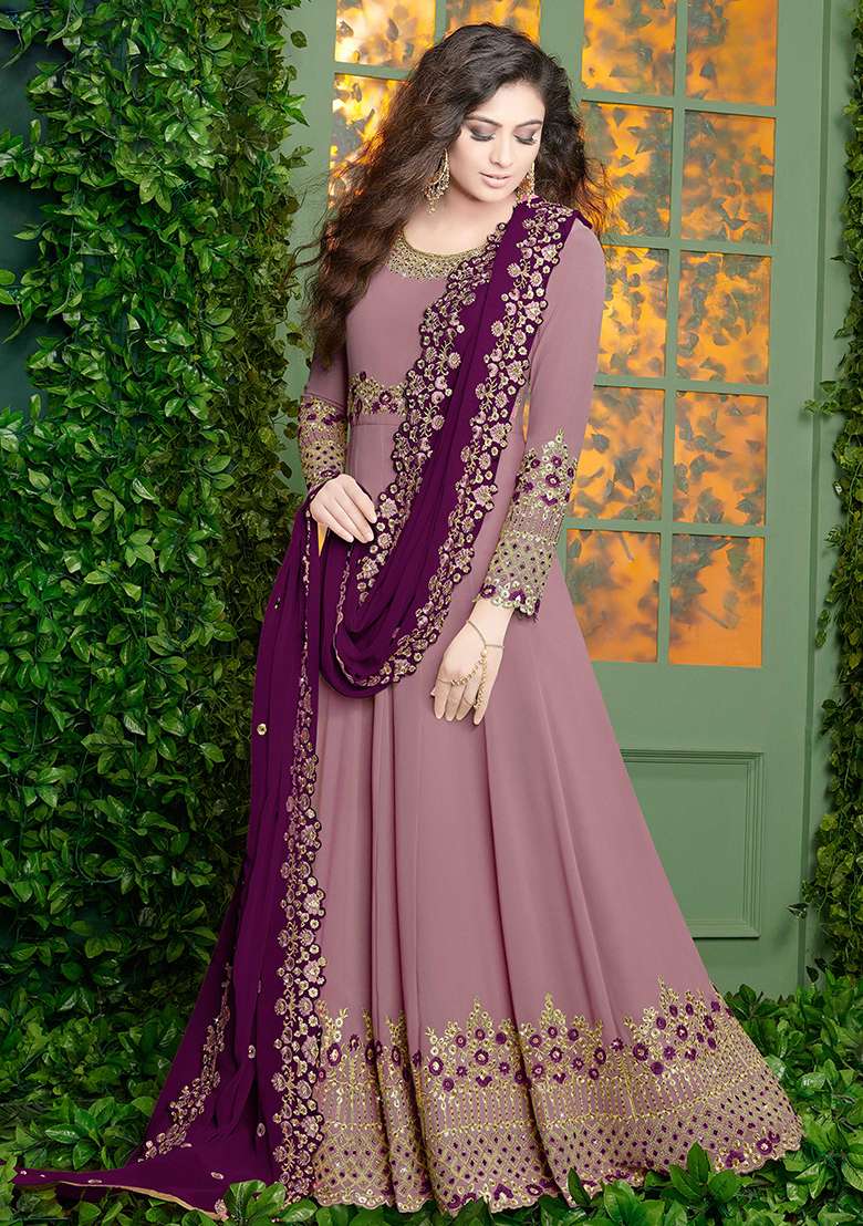 Lavender Embroidered Georgette Kurta Set - Indya
