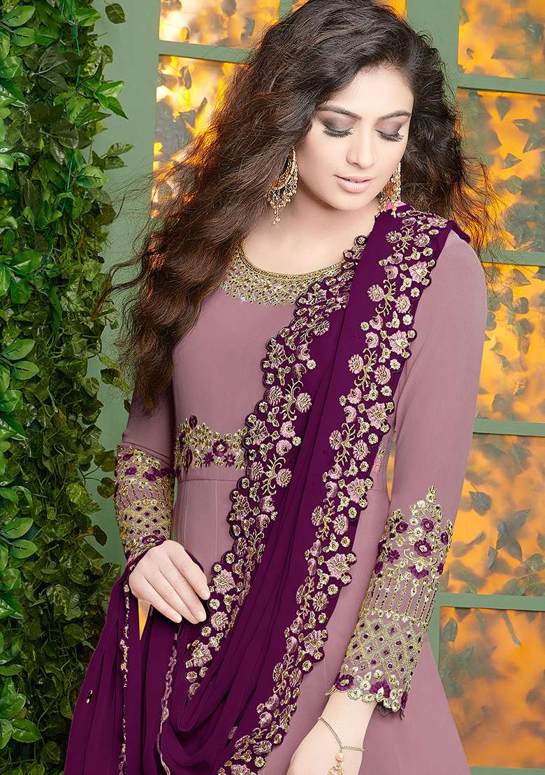 Lavender Embroidered Georgette Kurta Set - Indya