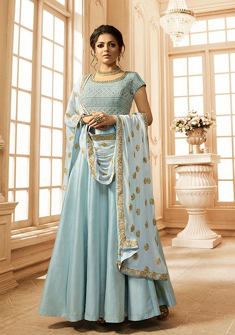 Blue Embroidered Linen Silk Kurta Set