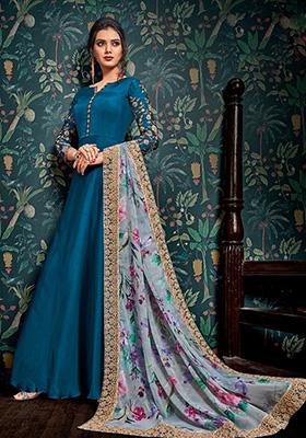 Teal Blue Embroidered Satin Georgette Kurta Set