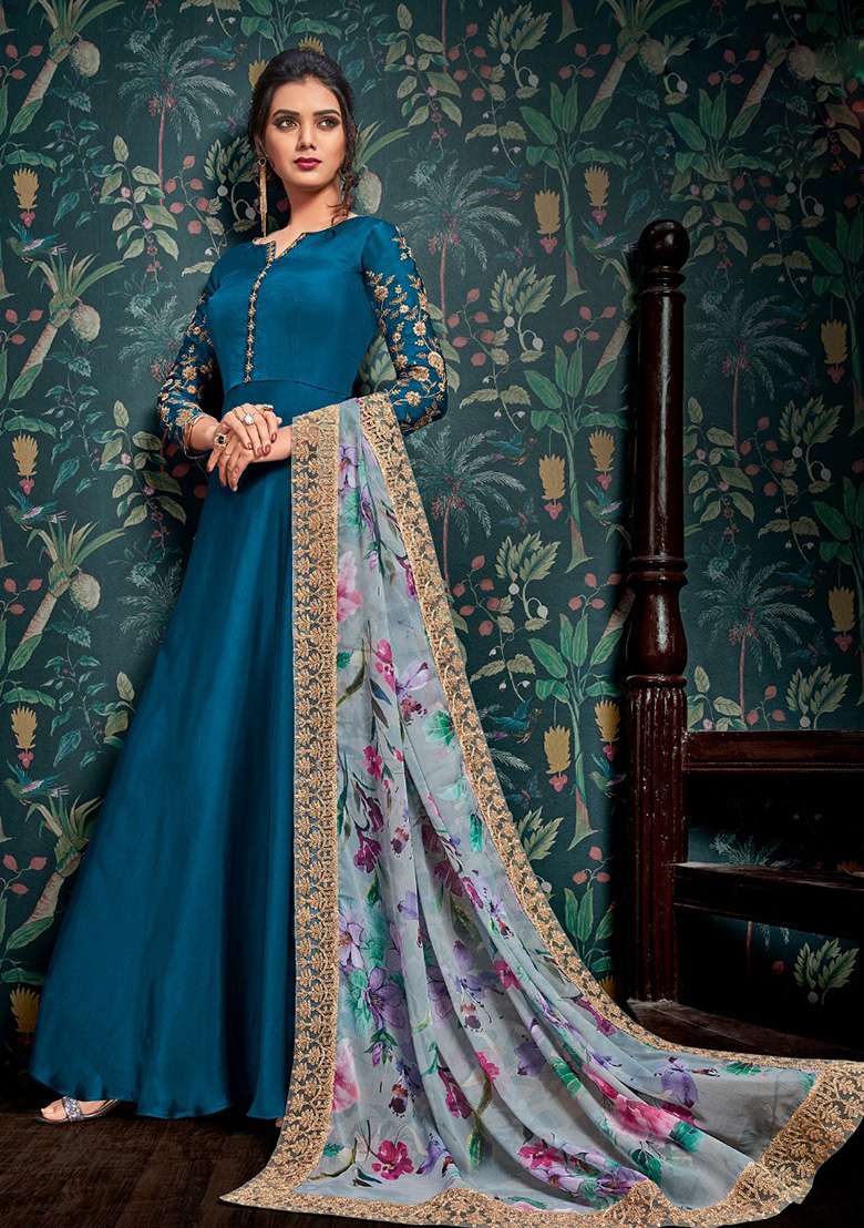 Teal Blue Embroidered Satin Anarkali Set - Indya