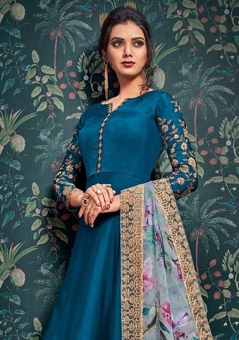 Teal Blue Embroidered Satin Anarkali Set - Indya