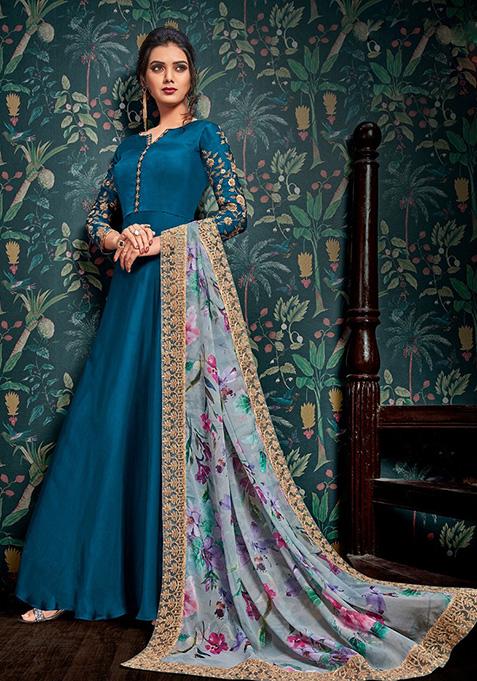 Teal Blue Embroidered Satin Georgette Kurta Set
