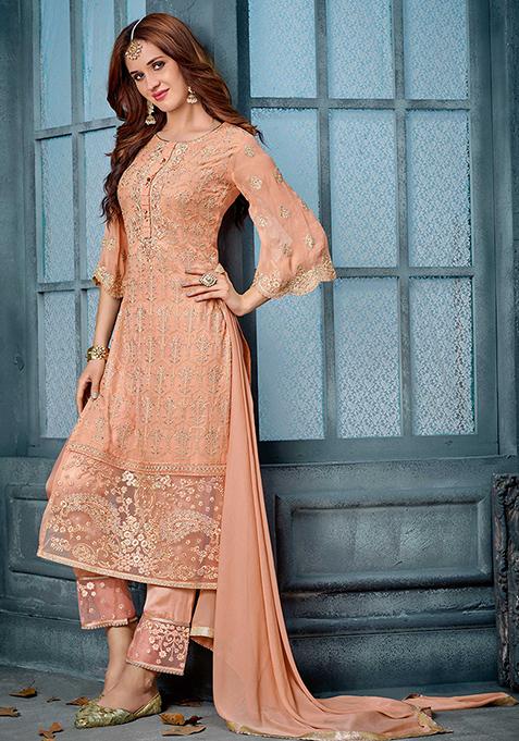 Light Orange Embroidered Georgette Kurta Set