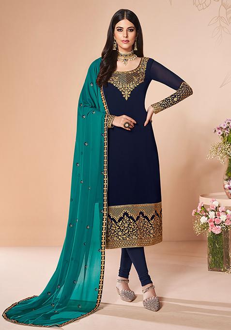 Blue Embroidered Georgette Kurta Set