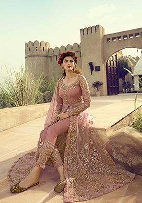 Dusty Pink Embroidered Net Kurta Set