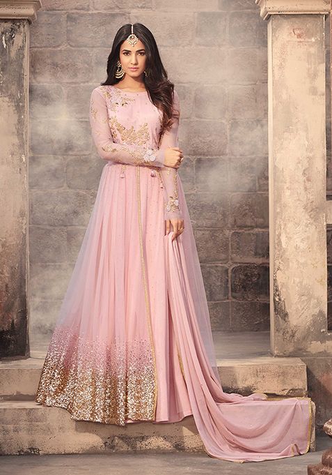 Pink Embroidered Net Kurta Set