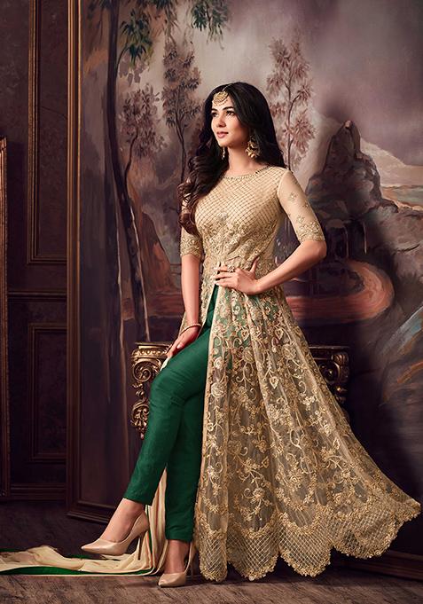 Beige And Green Embroidered Net Kurta Set