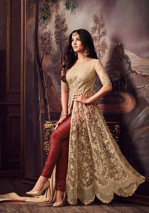 Beige Embroidered Net Kurta Set