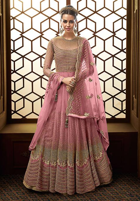 Pink Embroidered Net Kurta Set