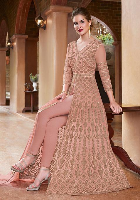 Peach Embroidered Georgette Kurta Set