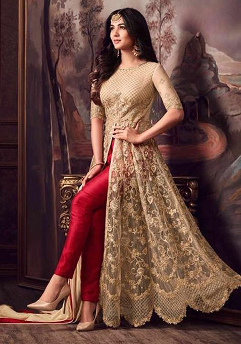 Beige And Red Embroidered Net Kurta Set