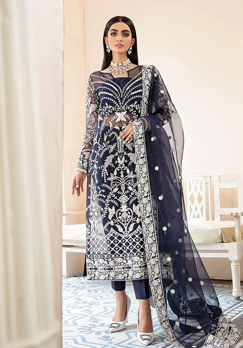 Blue Embroidered Organza Kurta Set