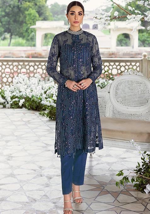 Blue Embroidered Organza Kurta Set