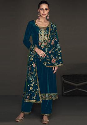Teal Blue Embroidered Velvet Kurta Set