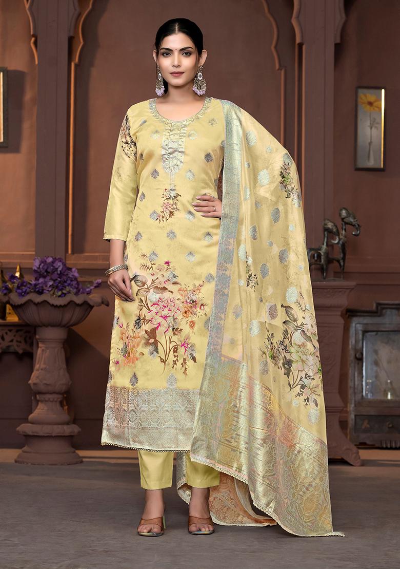Yellow Printed Viscose Kurta Set