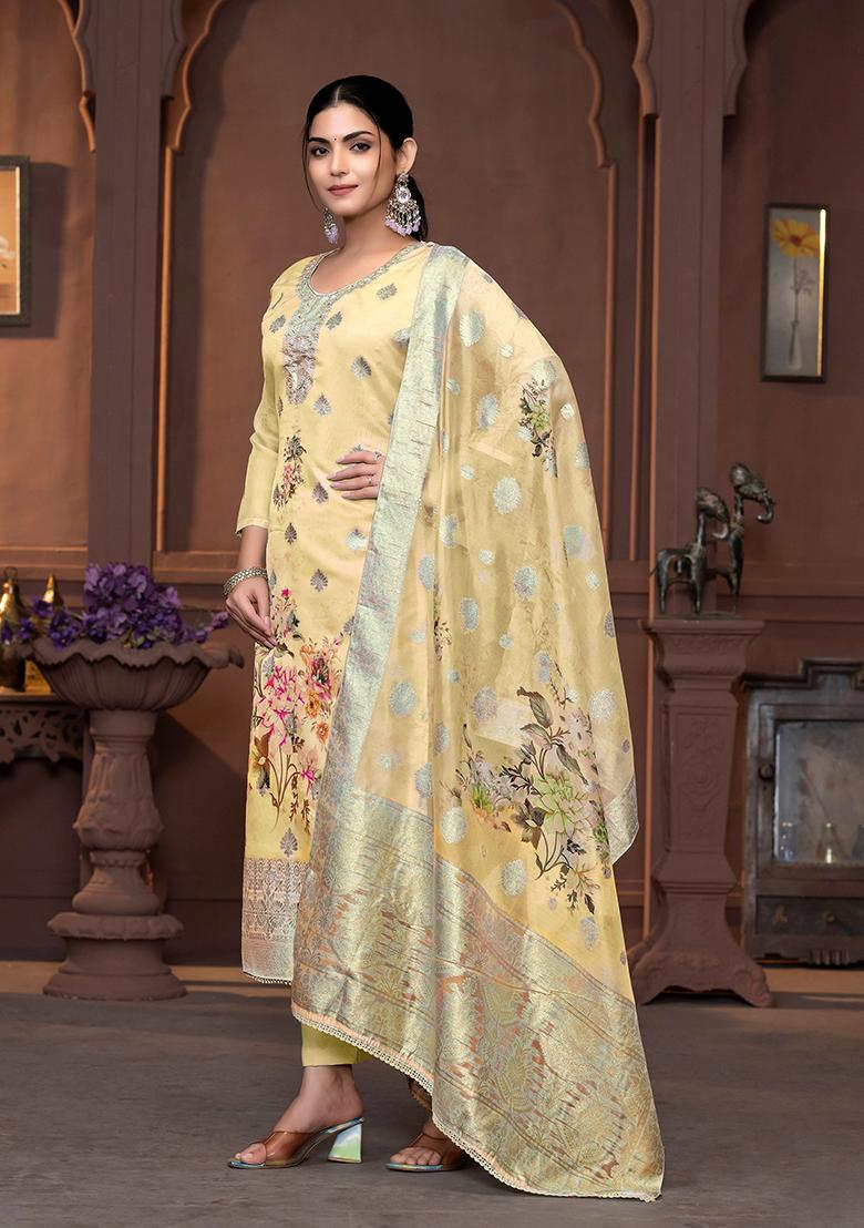 Yellow Printed Viscose Kurta Set