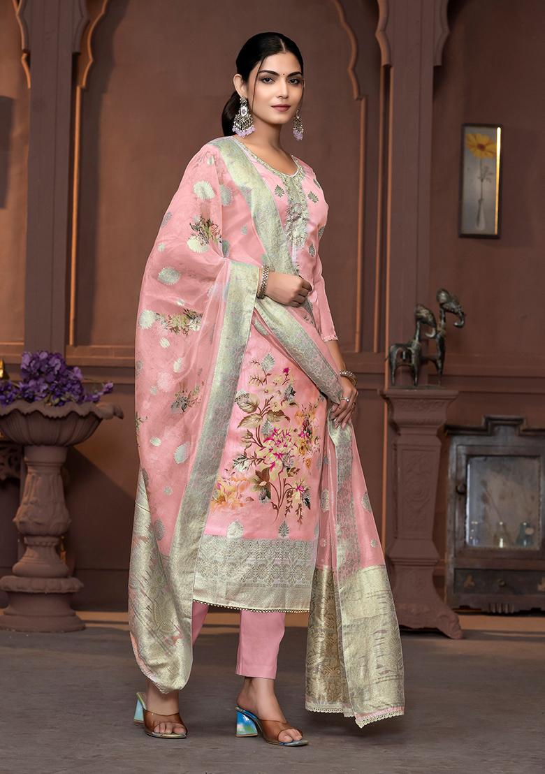 Peach Printed Viscose Kurta Set