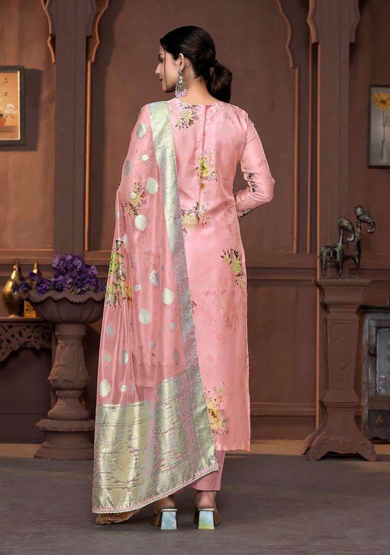 Peach Printed Viscose Kurta Set