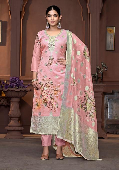 Peach Printed Viscose Kurta Set