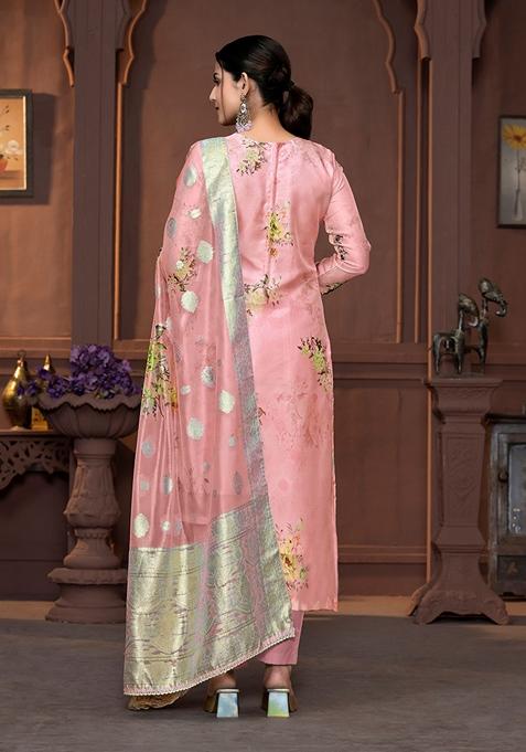 Peach Printed Viscose Kurta Set