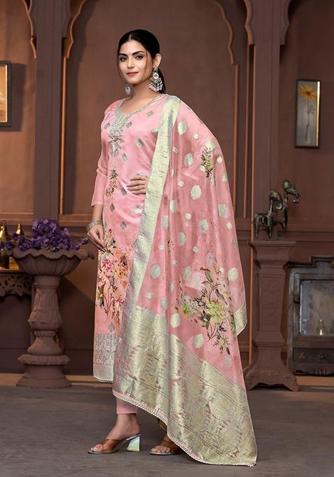 Peach Printed Viscose Kurta Set