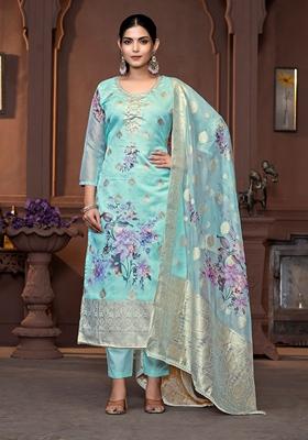 Blue Printed Viscose Kurta Set