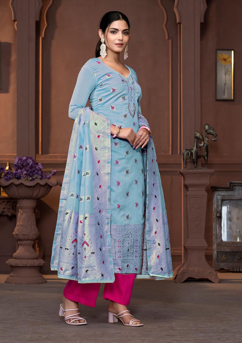 Blue Woven Art Silk Kurta Set - Indya