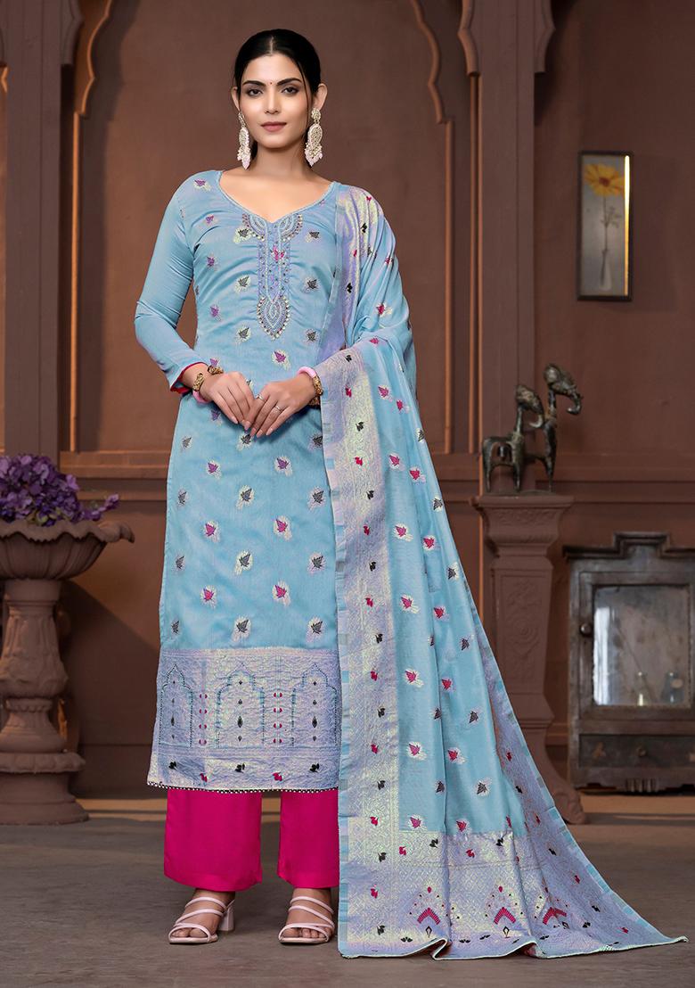 Blue Woven Art Silk Kurta Set - Indya