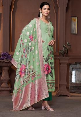 Green Woven Cotton Kurta Set